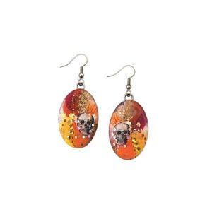 Handmade Skull Resin Earrings Orange Glitter Goth Halloween Dangle OOAK
